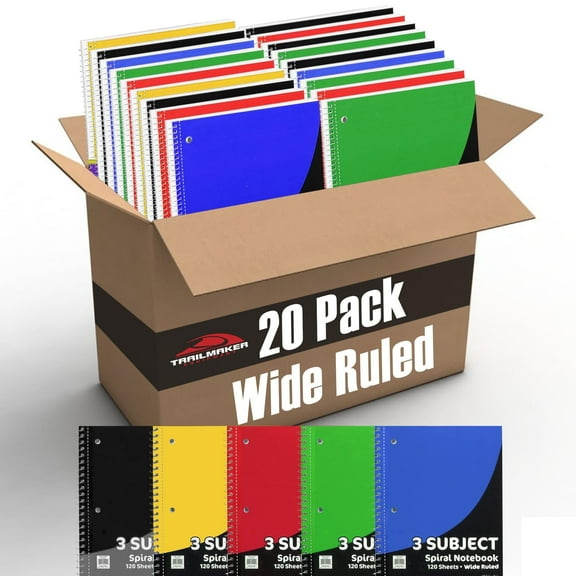 20 Pack of Bulk Wholesale 3 Subject 120 Sheet Wide Ruled Lined Spiral Notebooks in Assorted Colors