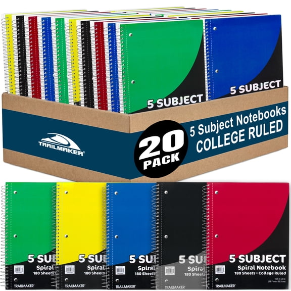 20 Pack of Bulk Wholesale 5-Subject 180 Sheet White Lined Paper Spiral Notebooks in Assorted Colors - 20 Count 5-Subject 180 Sheet Lined Paper Spiral Notebooks in Black, Red, Yellow, Green, Blue