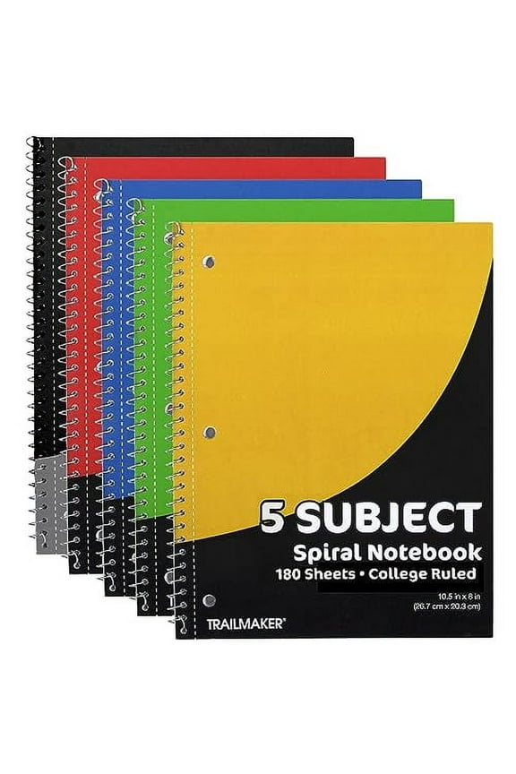 20 Pack of Bulk Wholesale 5-Subject 180 Sheet White Lined Paper Spiral Notebooks in Assorted Colors - 20 Count 5-Subject 180 Sheet Lined Paper Spiral Notebooks in Black, Red, Yellow, Green, Blue