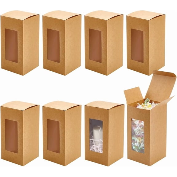 20 Pack BurlyWood Kraft Gift Boxes with Clear Window Rustic Style 3.1x3.1x6.3 Inch Ideal for Anniversaries Birthdays Weddings Graduation