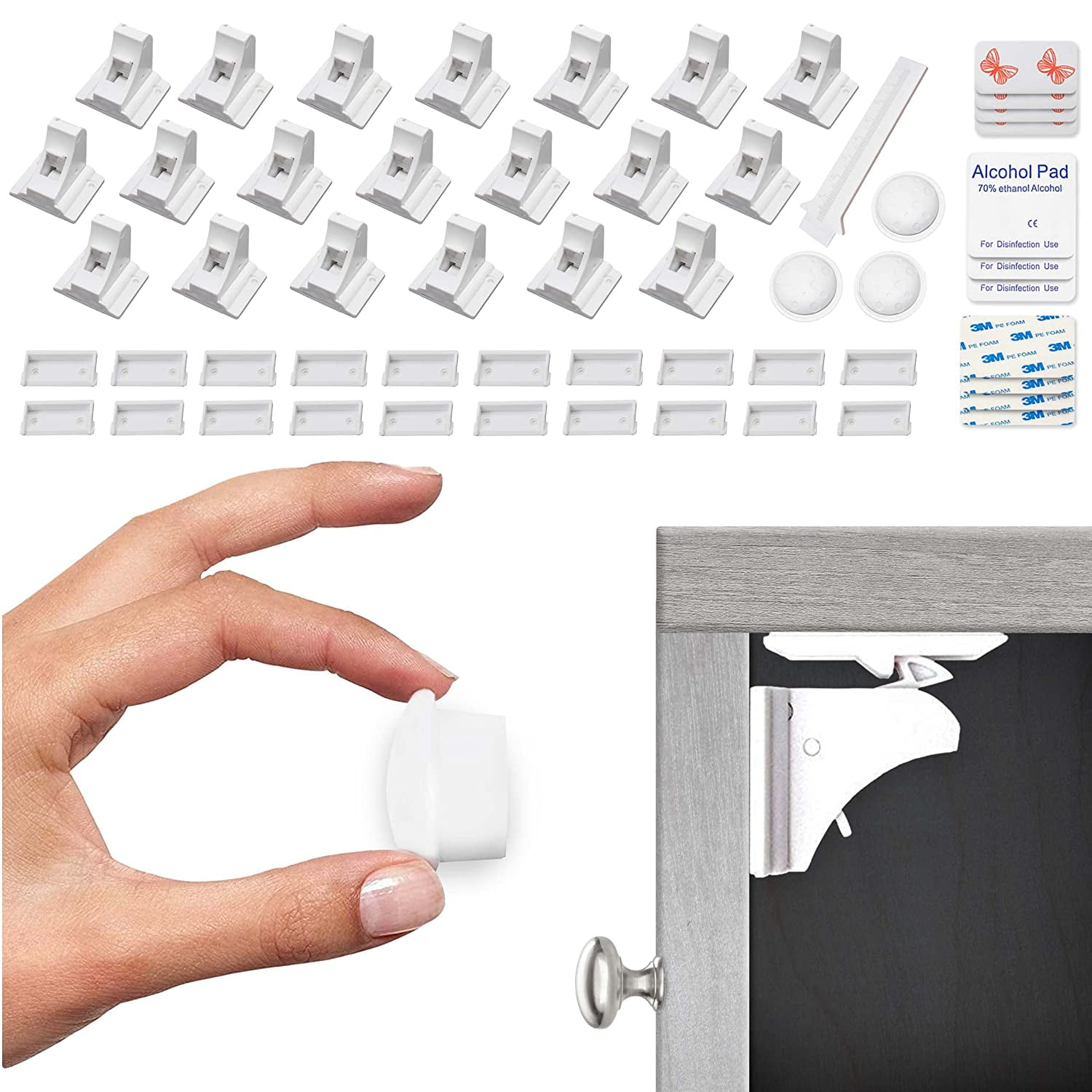 20-Pack Cabinet Locks for Babies, Magnetic Baby Proof Safety Latches, 3 Keys - Magnetic Child Proof Cupboard Drawers, Doors - Easy Installation No Drilling or Tools Required