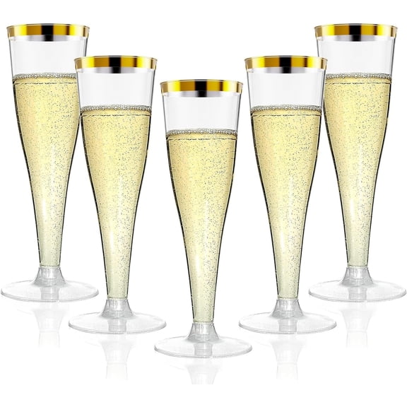 "20 Pack Champagne Flutes Plastic Wine Glasses Disposable, 4.5 Oz Gold Rim Mimosa Glasses for Engagement Wedding Birthday New Years Eve Xmas Party Supplies, Toasting Cocktail Cups