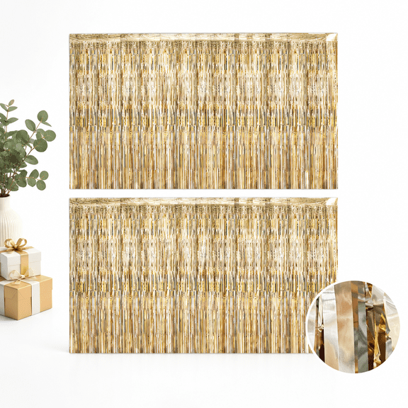 20 Pack Champagne Foil Curtaindrop 3.2ft X 8.2ft Fringe Metallic Tinsel Streamer Curtafor Birthday Party Decorations Photo Booth (