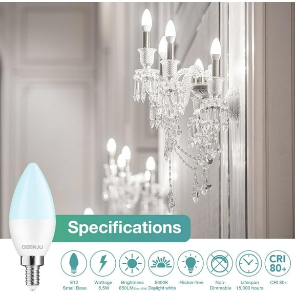 20 Pack Chandelier Light Bulbs 60 Watt Equivalent, Candelabra LED Light Bulbs, E12 LED Bulb Daylight 5000K, Type b Light Bulb 5.5W, Candelabra Base, 120V, B11 Candle Light Bulb, Non-Dimmable