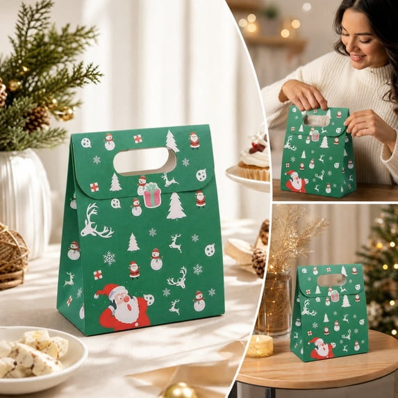 20-Pack Christmas Gift Bags – Red & Green Holiday Treat Bags with Die-Cut Handles & Reindeer Printed Paper Sacks for Cookies