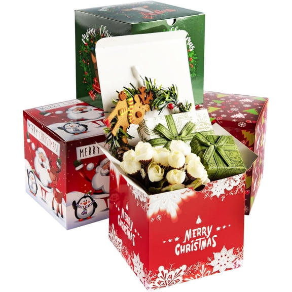 20 Pack Christmas Gift Boxes 5x5x5 Inches, 4 Festive Rustic Designs Stackable Party Favor with Lids for Cookies, Treats, Holiday Decorations (Square-5)