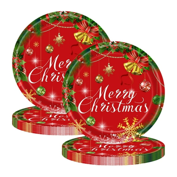 20-Pack Christmas Paper Tableware Set – Disposable Party Supplies with 9in Red Plates Featuring Holiday Tree & Bell Designs for Xmas Gatherings