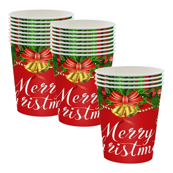 20-Pack Christmas Paper Tableware Set – Disposable Party Supplies with Red Cups Featuring Holiday Tree & Bell Designs for Xmas Gatherings