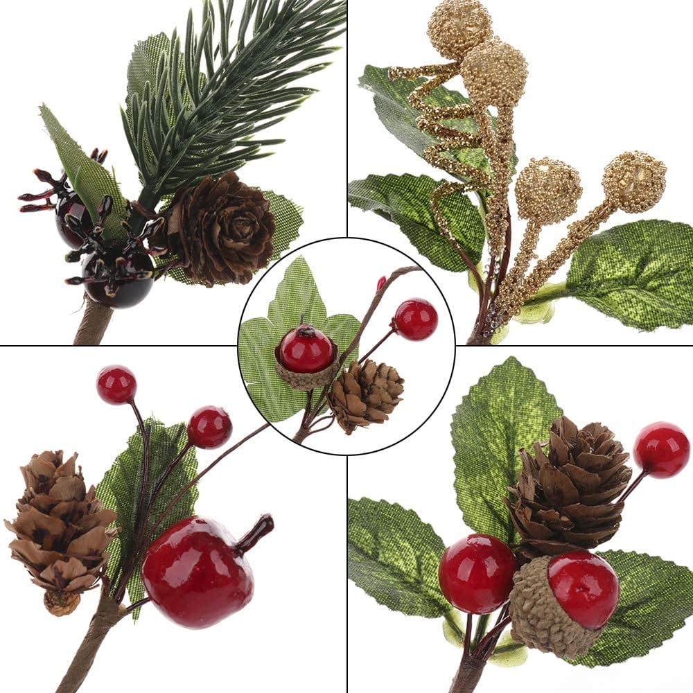 Crafare 15 Pack Small Artificial Christmas Picks 5-10 Assorted Red Berry  Picks Stems Faux Pine Picks Spray with Pinecones for Christmas Floral