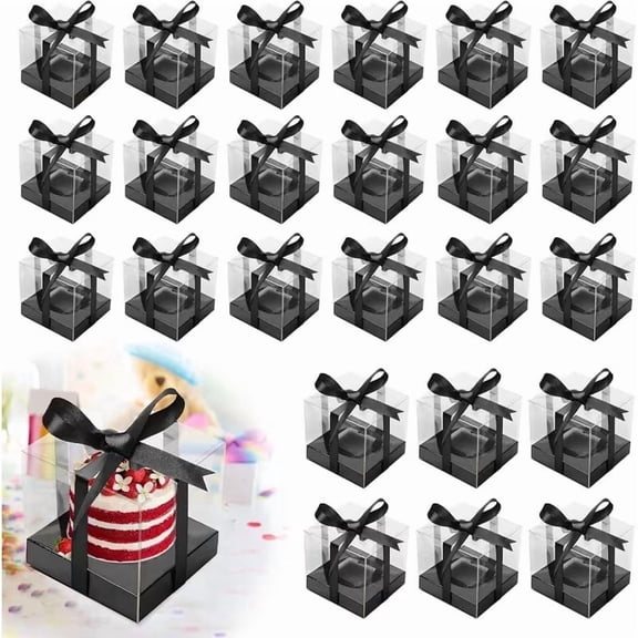 20 Pack Clear Cupcake Boxes with Flip-Top Lid & Decorative Ribbons  Durable Plastic Bakery Containers for Parties, Weddings, Baby Showers, and Gift Giving
