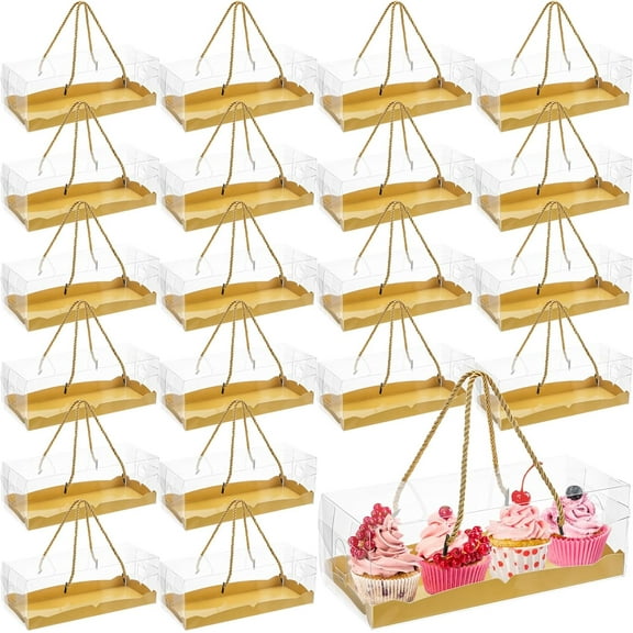 20 Pack Clear Roll Cake Boxes with Portable Handles, Rectangle Bakery Cake Boxes, Pumpkin Swiss Roll Containers