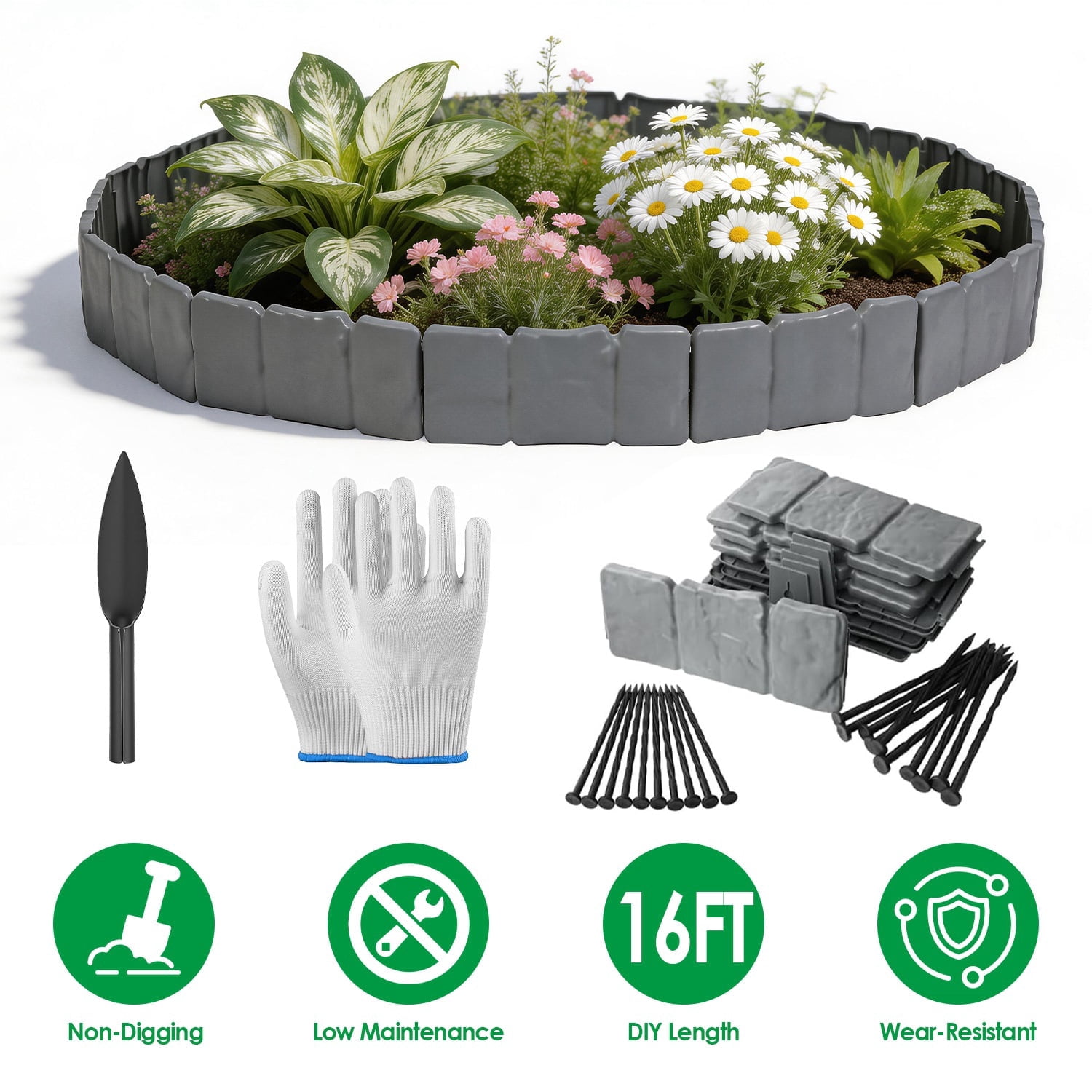 20 Pack Cobbled Stone Look PVC Garden Edging 16FT Flexible Interlocking No‑Dig Landscape Border for Flower Bed Pathway Tree Ring & Yard Decoration