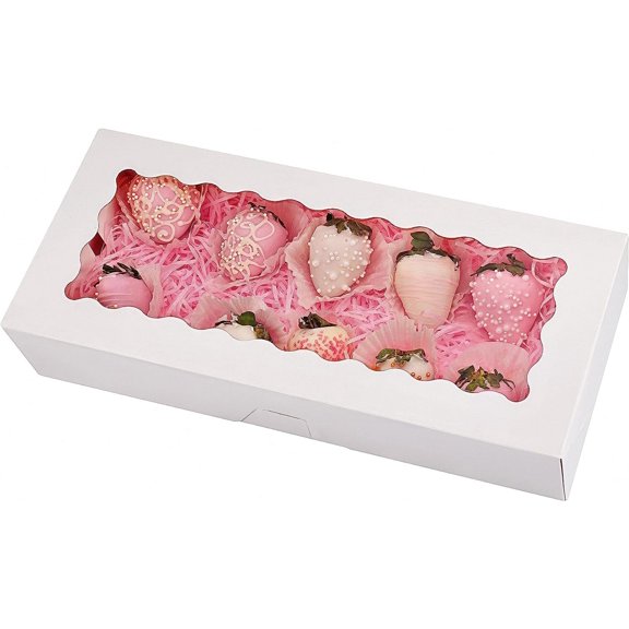 20-Pack Cookie Boxes with Window, 12.5" x 5.5" x 2.5", White Bakery Boxes, Auto-Popup Treat Boxes for Pastries, Strawberries