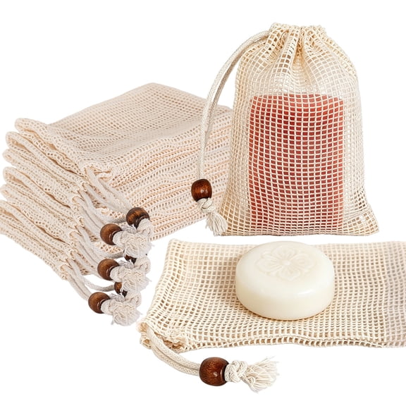 20 Pack Cotton Mesh Soap Bag with Wooden Beads,Reusable Drawstring Soap Saver Pouch for Bath, Shower, Laundry or Travel Bag