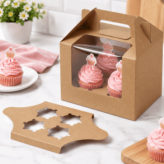 20 Pack Cupcake Boxes with Windows and Handles 4 Count Kraft Bakery Boxes