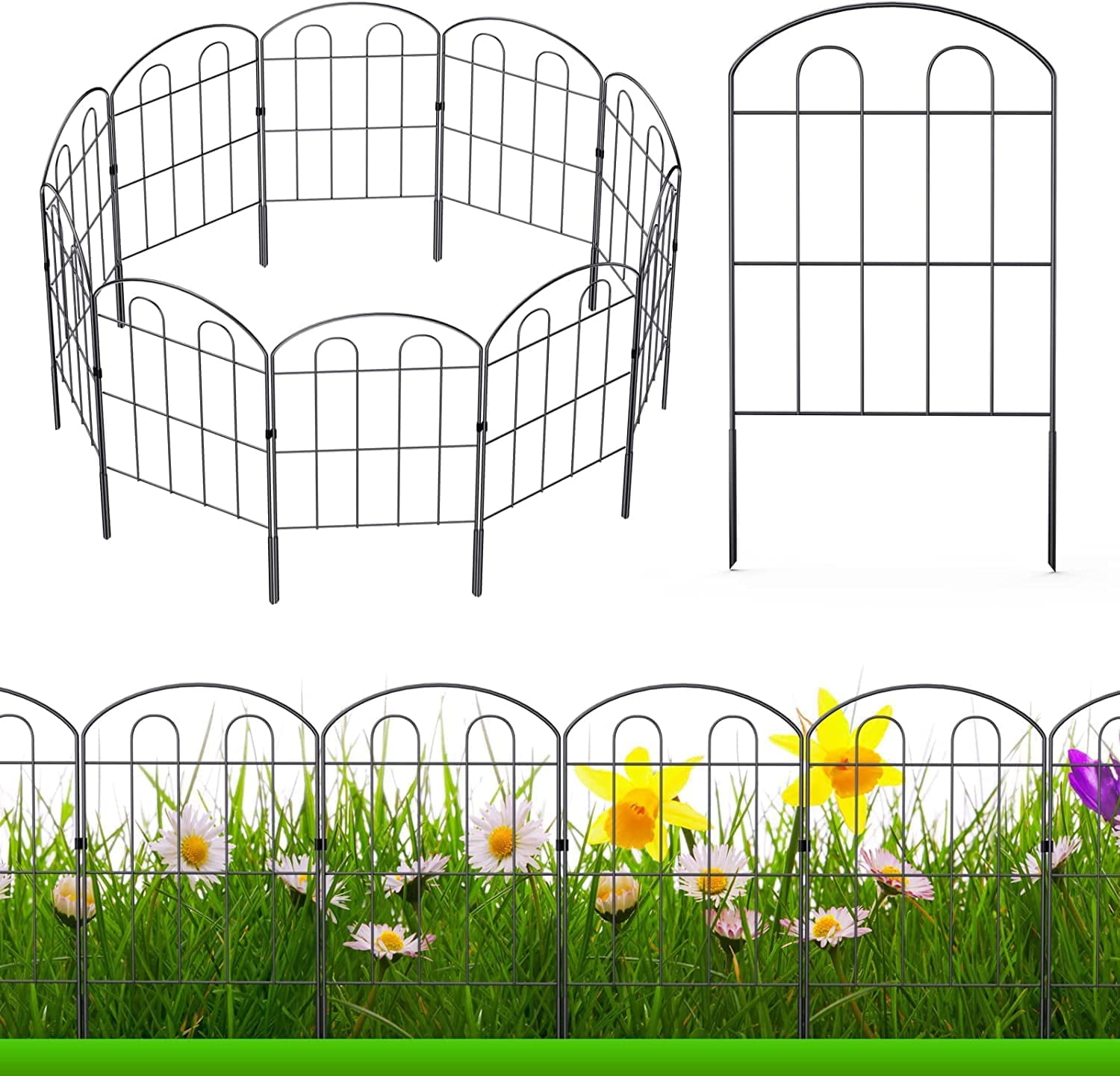 Black Metal 24in Tall Garden Fence Panels, 20 Pack