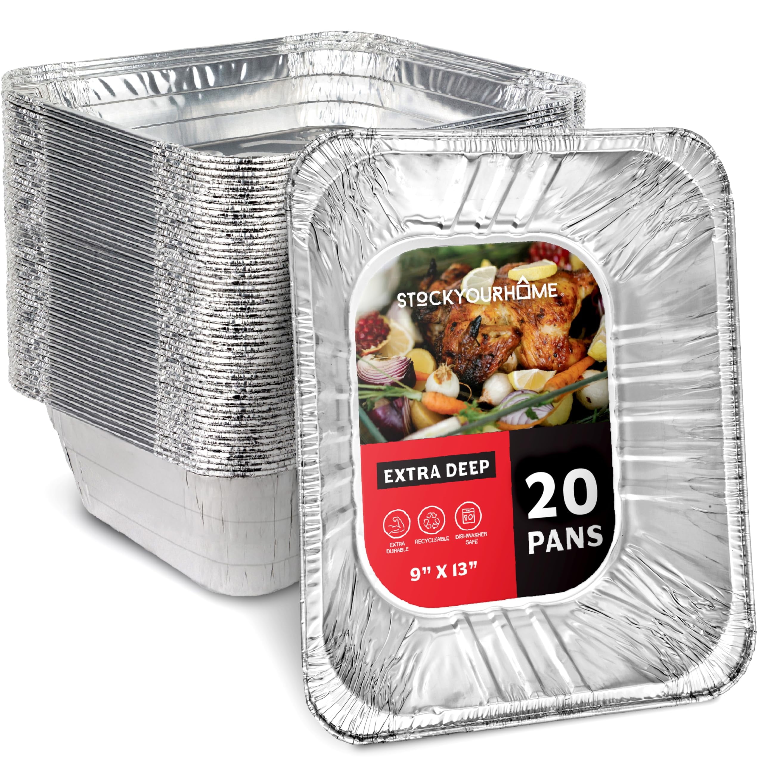 Stock Your Home (20 Pack Deep Aluminum Pans 9x13, Heavy Duty 4 Deep Foil Pans Disposable Catering Trays, Baking Tins, Large Food Containers for Cooking, Heating, Storage, Serving, Holiday Meal Prep