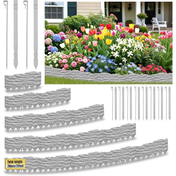 20-Pack No Dig Garden Edging Borders,20FT Plastic Lawn Edging with Spikes & Stone Texture - Easy Interlocking Landscape Edging for Yard, Flower Bed, Driveway, Heavy-Duty & Easy Install