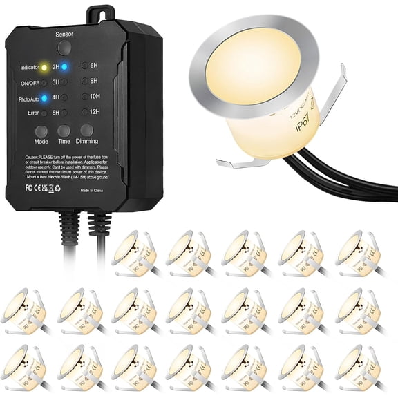 20 Pack Dimmable Recessed Deck Stair Lighting All-in-one with Timer Photocell Sensor Transformer Low Voltage LED Step Riser Lights IP67 Waterproof 1.26 12V Warm White Patio Kit Decorations
