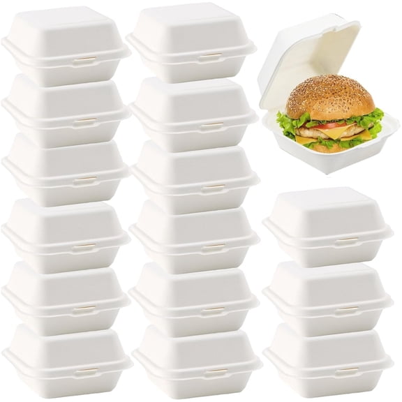 20 Pack Disposable Clamshell Takeout Trays, 4 x 4 inch Paper Hinged Containers, Compact To-Go Food Boxes for Burgers, Cookies, Sandwiches & Small Snacks, Compostable , White, Topboutique