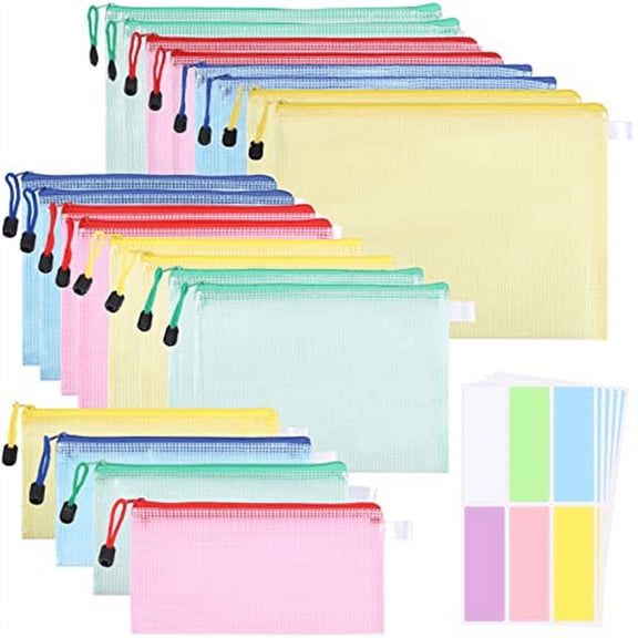 20 Pack Document Bags A4+A5+A6, File Folder Plastic Zip Pocket Zipper Mesh Pouch with (4 Colors)