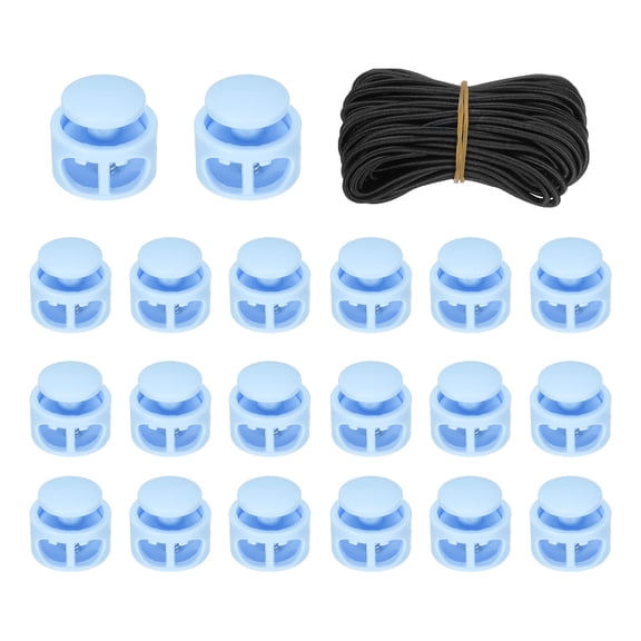 20 Pack Double Hole Cord Locks with 32.8 ft Elastic Cord, 17mm Nylon Spring Toggle Stopper Clip for Backpack Shoelaces Drawstring Paracord Pants, Light Blue