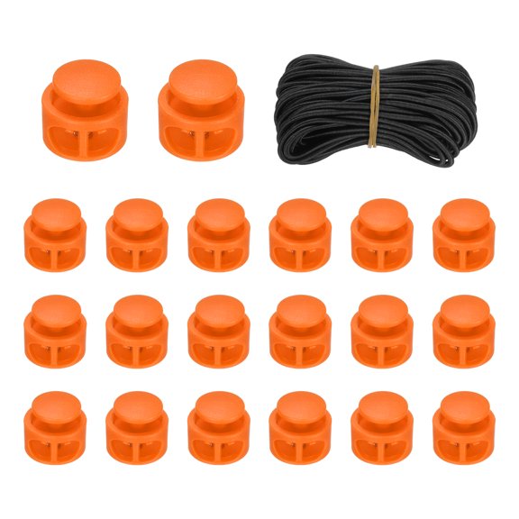 20 Pack Double Hole Cord Locks with 32.8 ft Elastic Cord, 17mm Nylon Spring Toggle Stopper Clip for Backpack Shoelaces Drawstring Paracord Pants, Orange