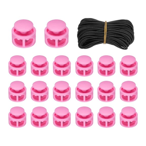 20 Pack Double Hole Cord Locks with 32.8 ft Elastic Cord, 17mm Nylon Spring Toggle Stopper Clip for Backpack Shoelaces Drawstring Paracord Pants, Rose Red