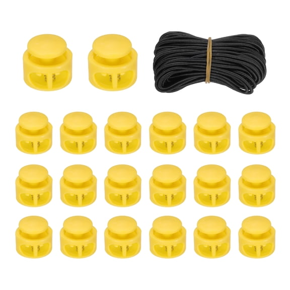 20 Pack Double Hole Cord Locks with 32.8 ft Elastic Cord, 17mm Nylon Spring Toggle Stopper Clip for Backpack Shoelaces Drawstring Paracord Pants, Yellow
