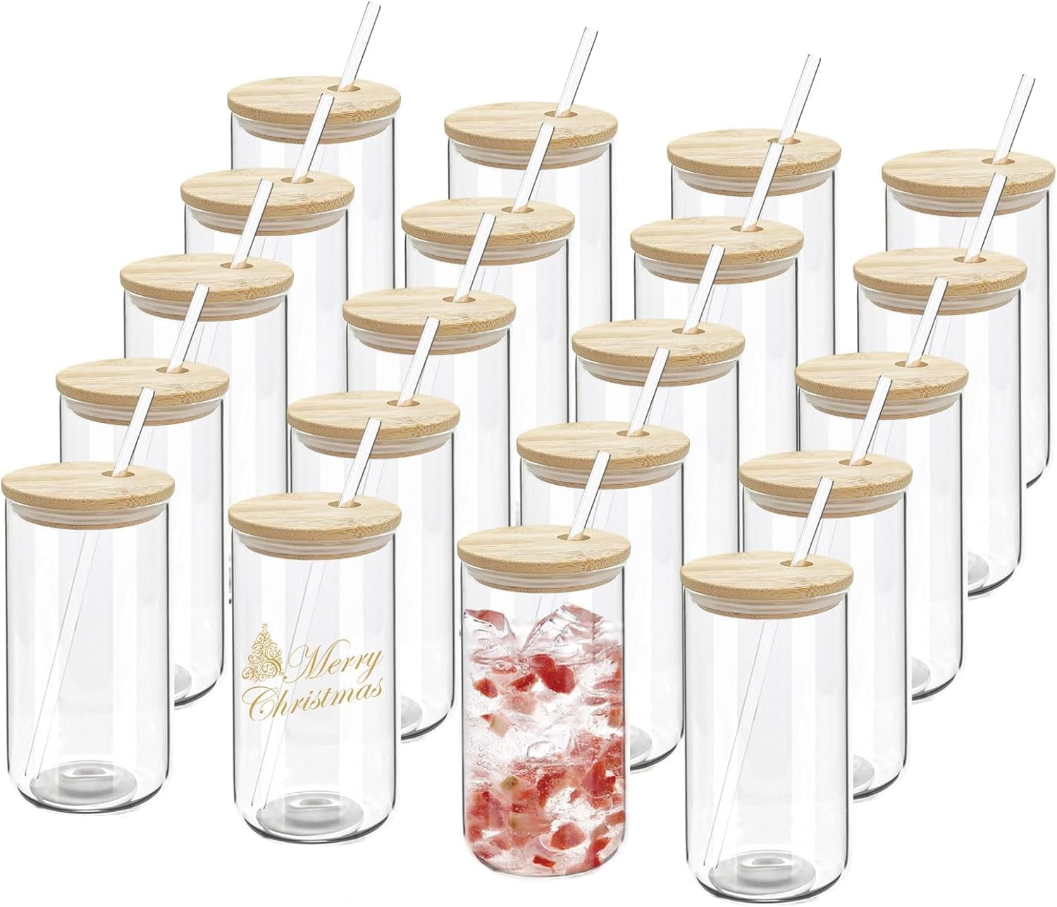 20 Pack Drinking Glass Cups with Bamboo Lids and Glass Straws 16oz Iced ...