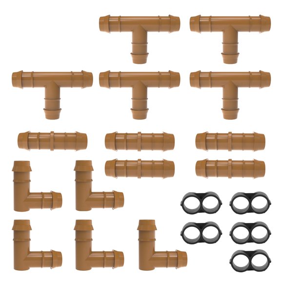 (20-Pack) Drip Irrigation Brown Barbed Tee, Elbow, Coupling & End Cap Fittings Kit - Fits 1/2 Inch, 17mm .600 ID Drip Tubing - Made in The USA