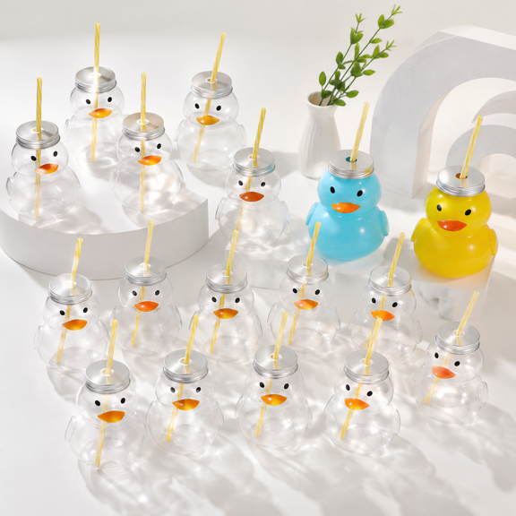 20-Pack Duck Themed Plastic Drinking Jars with Straws and Lids