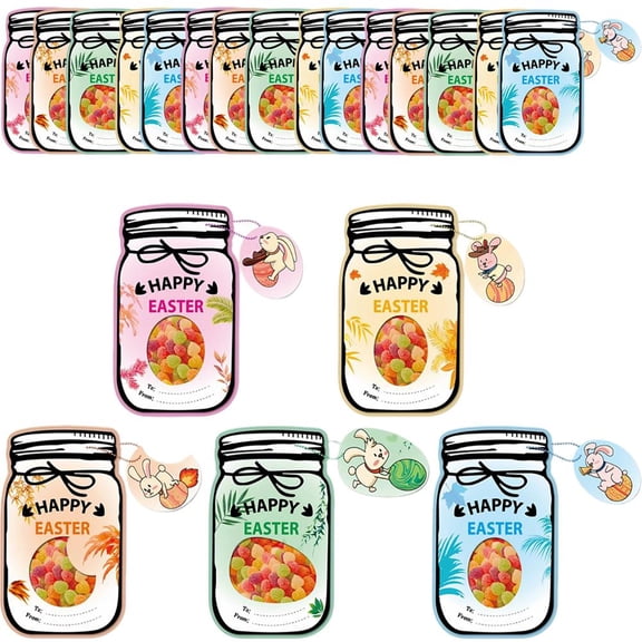 20 Pack Easter Candy Gift Cards with 20 Clear Treat Bags, DIY Easter Basket Stuffers Party Favors for Kids, Classroom Egg Hunt Games Gift Supplies