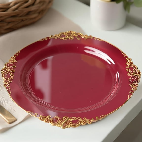 20-Pack Economy Plastic Charger Plates 13" Round Burgundy with Gold Embossed Baroque Rim - Serving for Wedding Receptions, Event Dcor Dinner Party