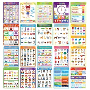 20-Pack English Learning Posters for Kids - 11.22 Inch Height Educational Charts (Alphabet, Numbers, Animals) | Ideal Christmas Gift