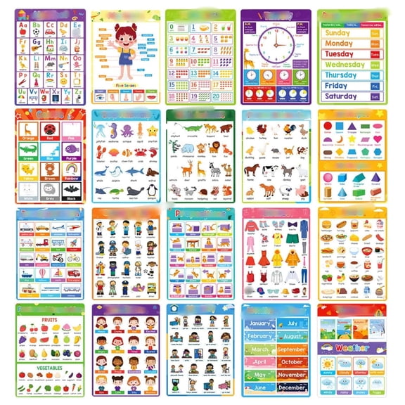 20-Pack English Learning Posters for Kids - 11.22 Inch Height Educational Charts (Alphabet, Numbers, Animals) | Ideal Christmas Gift