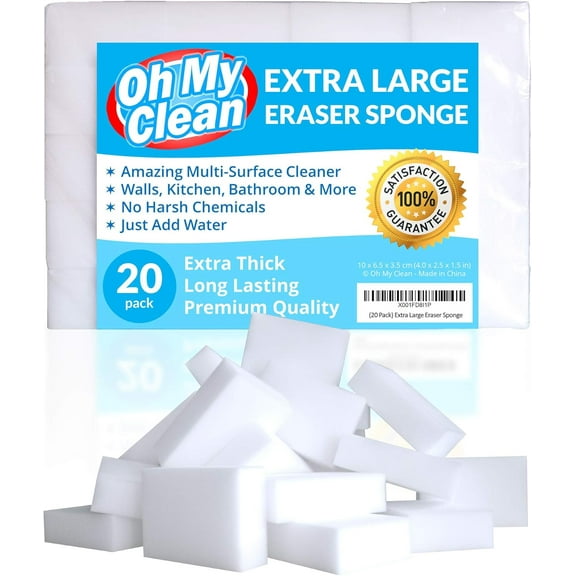 20 Pack) Extra Large Sponge Extra Thick, Long Lasting Magic Melamine Cleaning Sponges in Bulk White Foam Pads for Walls, Kitchen, Bathroom, Floor & Baseboard Cleaner