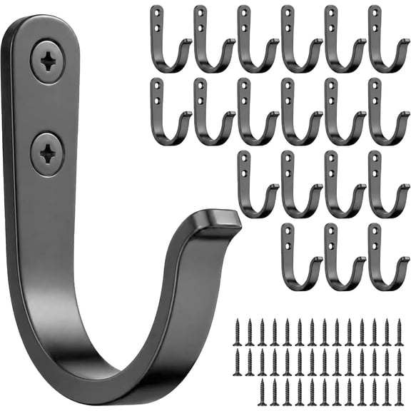 20 Pack Extra Large Towel Hooks – Heavy Duty Black Robe Hooks for Bathroom Outdoor, Solid Iron Rustproof Screw-in Wall Mount for Coats Towels