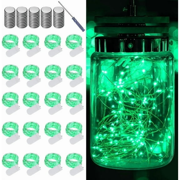 20 Pack Fairy Lights Battery Operated String Lights, 20 LED on 6.6FT Silvery Copper Wire, Firefly Fairy String Lights for Wedding Party Mason Jar Christmas Decorations Bedroom Decor(Green)