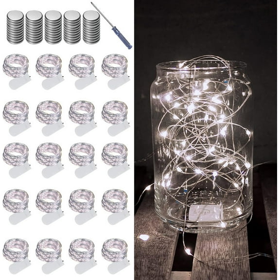 20 Pack Fairy Lights Battery Operated String Lights, 20 LED on 6.6FT Silvery Copper Wire, Firefly Fairy String Lights for Wedding Party Mason Jar Christmas Decorations Bedroom Decor(White)