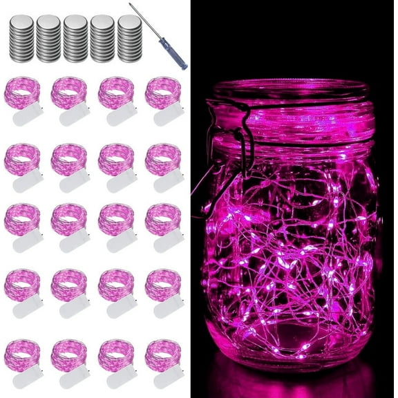 20 Pack Fairy Lights Battery Operated String Lights, 20 LED on 6.6FT Silvery Copper Wire, Firefly Fairy String Lights for Wedding Party Mason Jar Christmas Decorations Bedroom Decor(Pink)