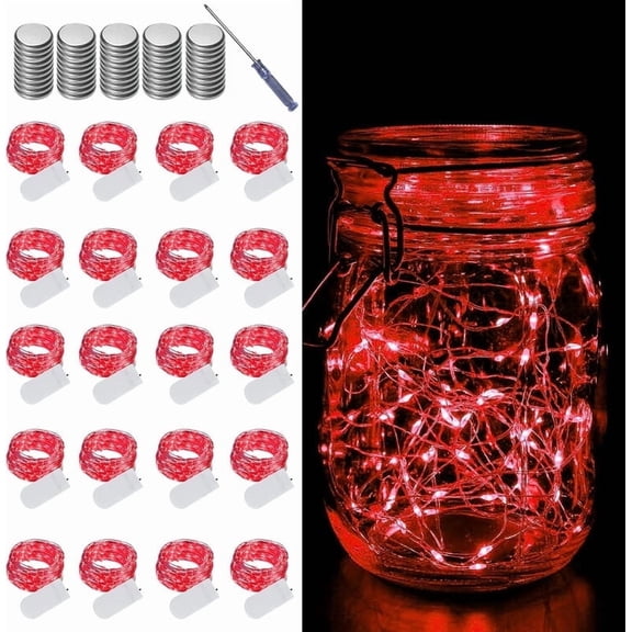 20 Pack Fairy Lights Battery Operated String Lights, 20 LED on 6.6FT Silvery Copper Wire, Firefly Fairy String Lights for Wedding Party Mason Jar Christmas Decorations Bedroom Decor(Red)