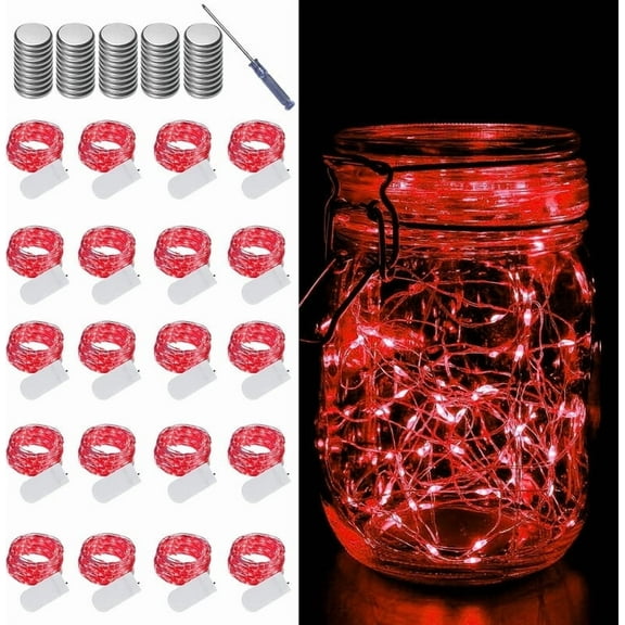 20 Pack Fairy Lights Battery Operated String Lights, 20 LED on 6.6FT Silvery Copper Wire, Firefly Fairy String Lights for Wedding Party Mason Jar Christmas Decorations Bedroom Decor(Red)