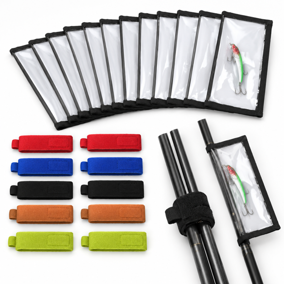 20-Pack Fishing Lure Wraps and Rod Belts, Clear PVC and Nylon, Two Sizes