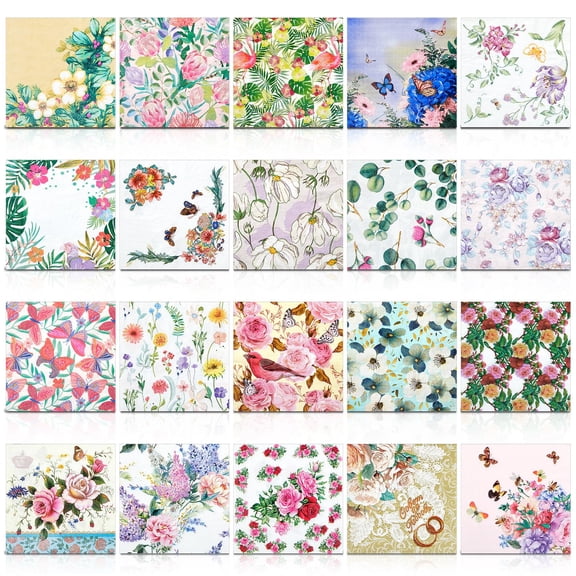 20‑Pack Floral Decoupage Napkins, Vintage Pattern Cocktail Paper Napkins, 20 Unique Designs 6.5 Inch Folded Size for Valentine’s Day, Birthday Party & DIY Art Decor