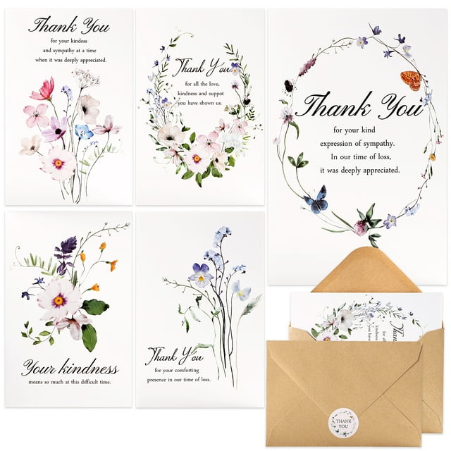 20 Pack Funeral Thank You Cards with Envelopes (4"x6") Wildflower
