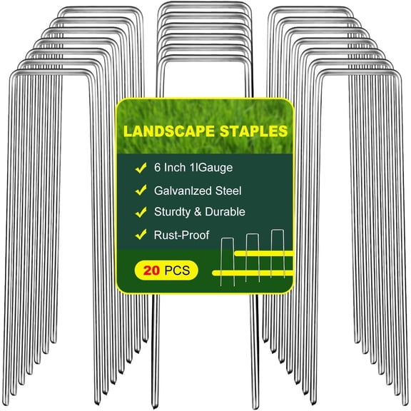 20 Pack Galvanized Landscape , 6 Inch U-Shaped Heavy Duty Tent Stakes, Lawn Fabric Garden Stakes for Landscaping Securing, Irrigation Tubing, Fences (20 Pack)
