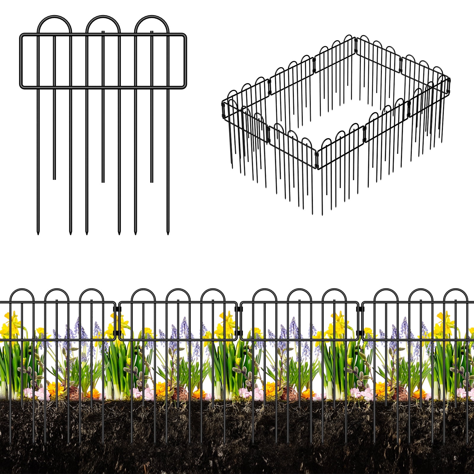 20-Pack Garden Fence 21.5ft Total Length, 16.5inx12.6in Black Metal Decorative Animal Barrier for Yard Patio Flower Bed