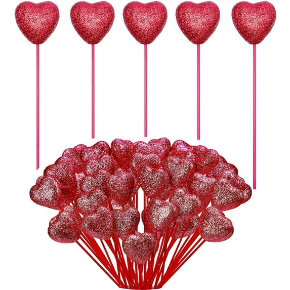 20 Pack Glitter Foam Hearts Picks for Valentine's Day,Happon Red Sparkly Foam Hearts Stems,Wooden Valentines Floral Picks for Flower Arrangements Home Decorations Decor