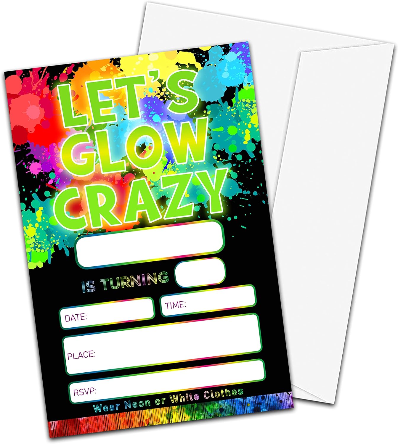 20Pack Glow Birthday Invitations with Envelopes, Let's Glow Crazy 4x6